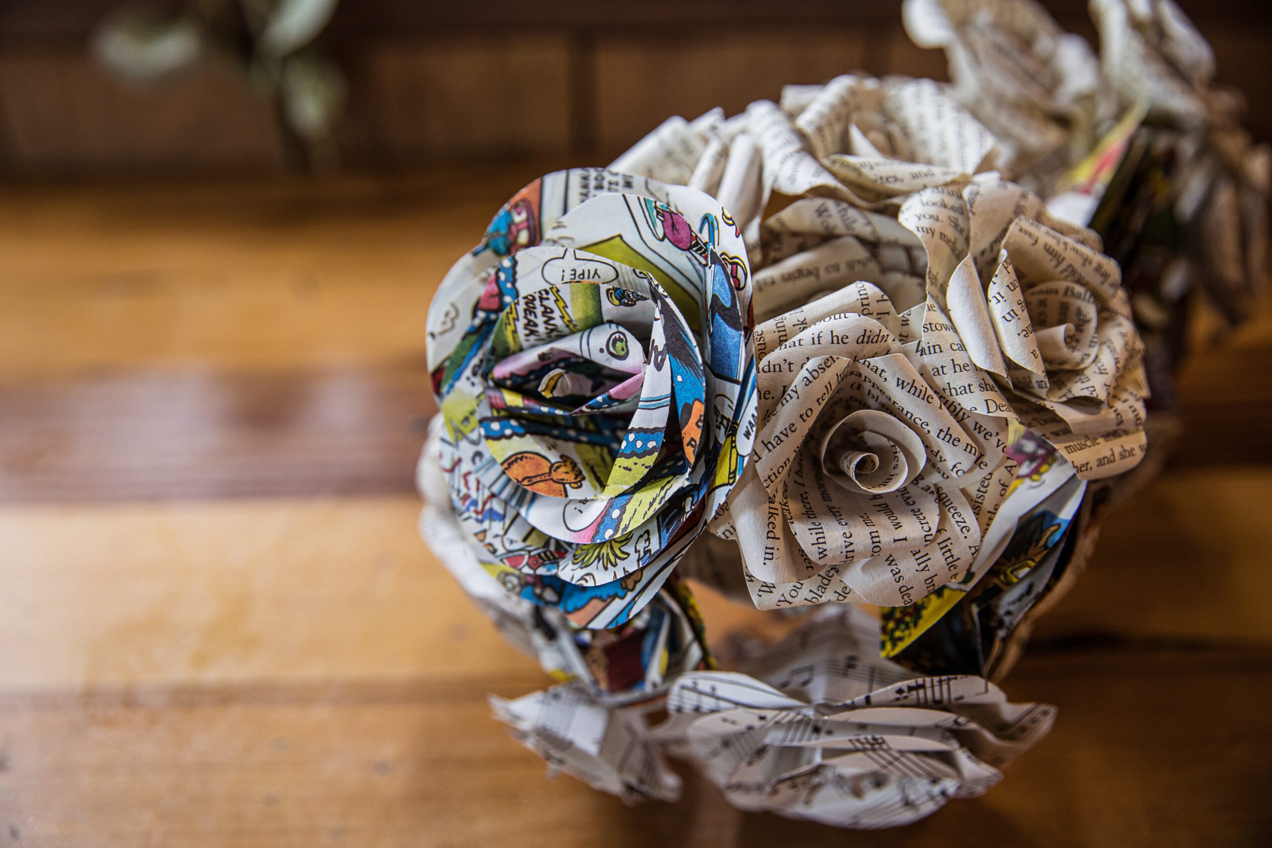 A bouquet made out of paper sits on a table at Balfour St barts in London